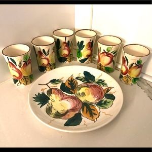 Vintage Hand Painted Fruit Motif Plate and 6 Juice Cups Set
